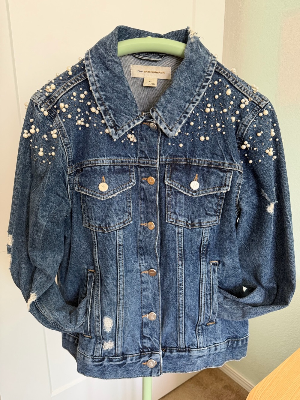 Pilcro and the Letterpress Blue Denim Jacket with Pearl Embellishments